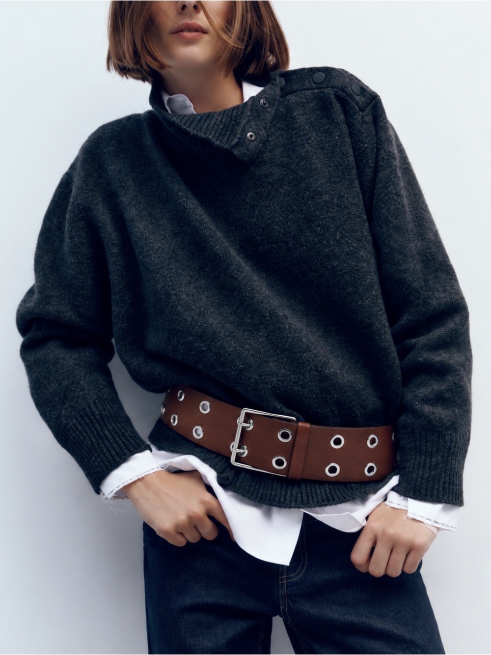 ZARA Wide Eyelet Leather Belt -brown